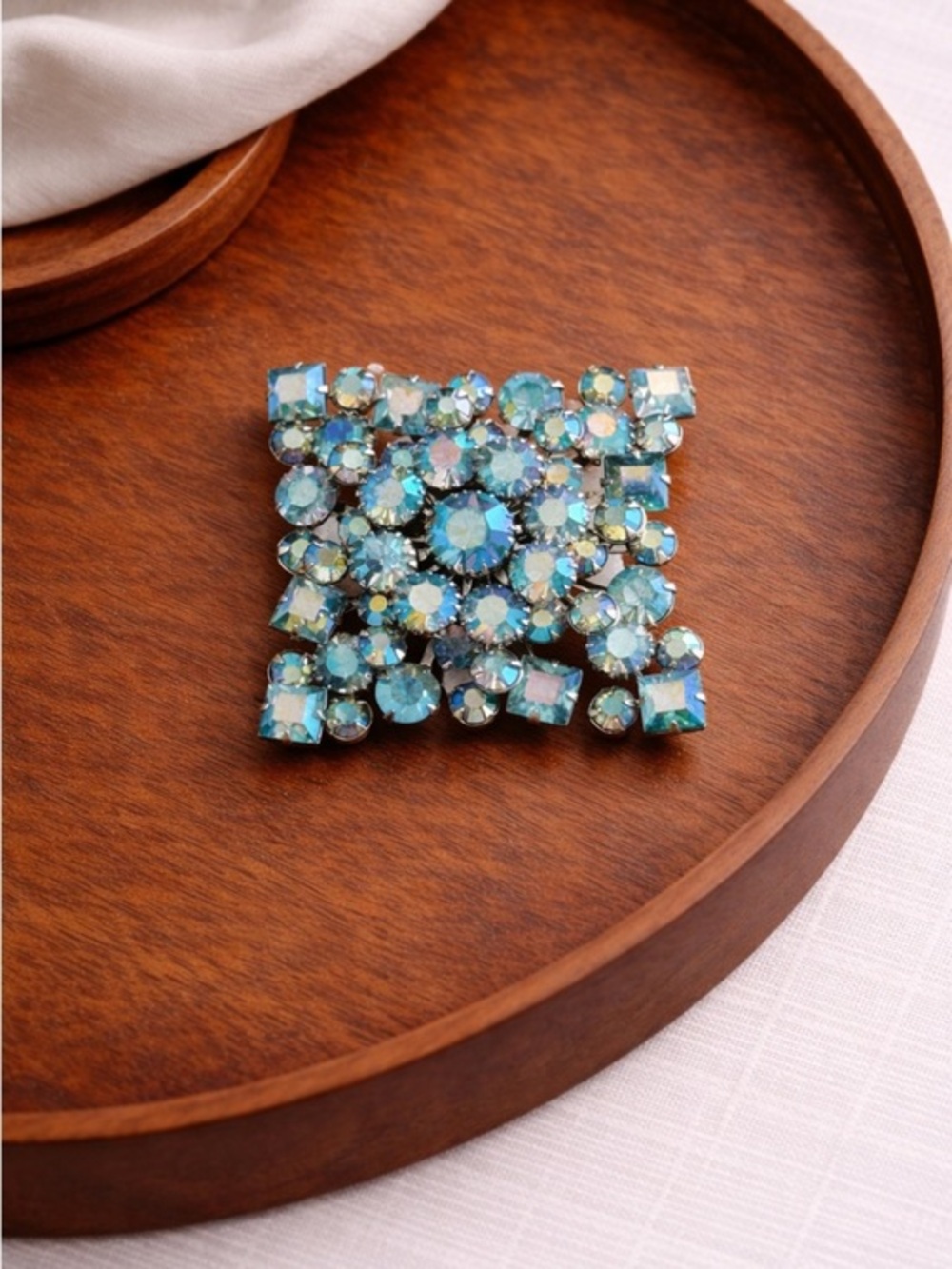 Vintage Signed TRIAD Blue Rhinestone Brooch AB Crystal Cluster Mid Century